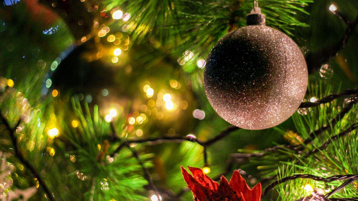 Close-up of a decorated Christmas tree featuring a large silver ornament, string lights with a blurred bokeh effect, and a red poinsettia decoration. The branches are green and appear to be artificial.