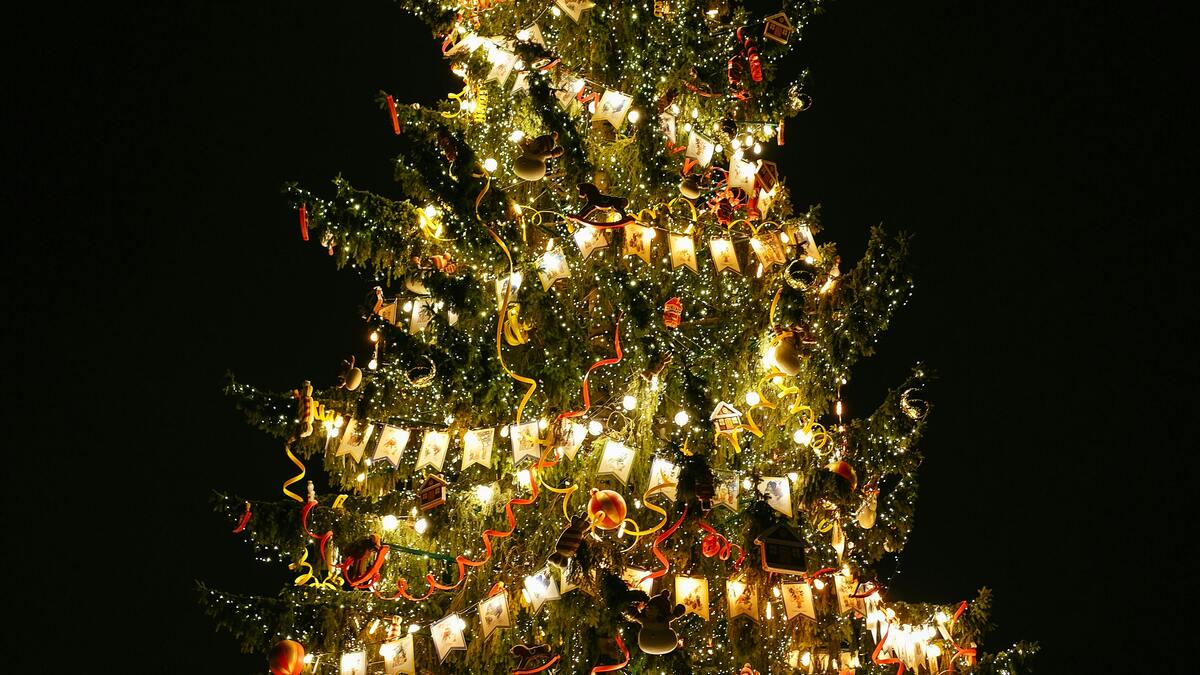 A Christmas tree sparkles with white lights, miniature pennant banners, and a variety of ornaments including wooden toys and red and yellow ribbons against a dark background. The tree is full and appears to be outdoors at night.
