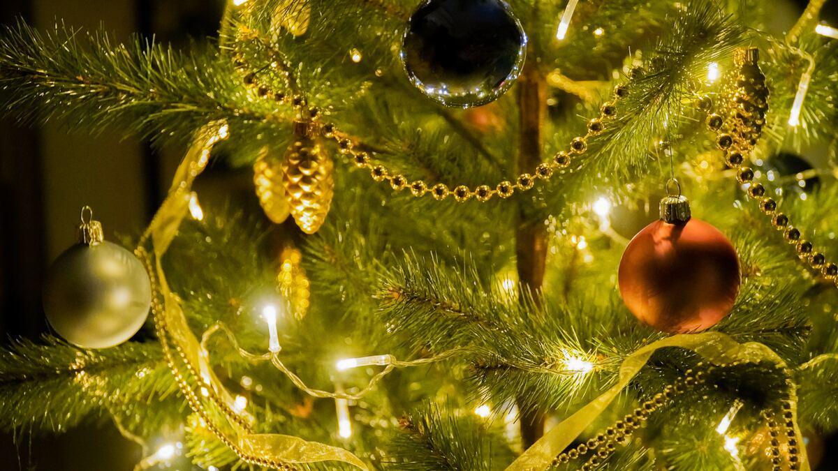 A close-up of a decorated Christmas tree with green needles, featuring gold bead garlands, several round ornaments, pine cone decorations, and warm white string lights. The ornaments are different colors, including silver, gold, and reddish-brown.