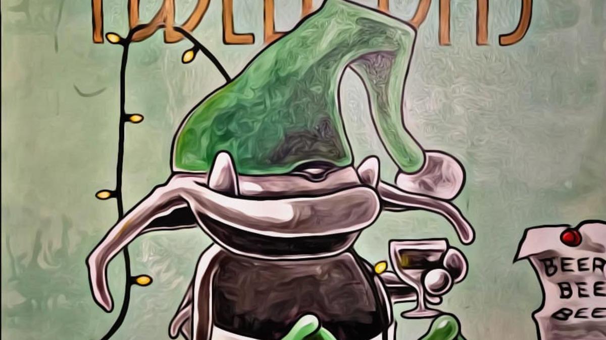 Illustration of a cartoon frog wearing a green elf hat and holding a wine glass in front of a sign reading 