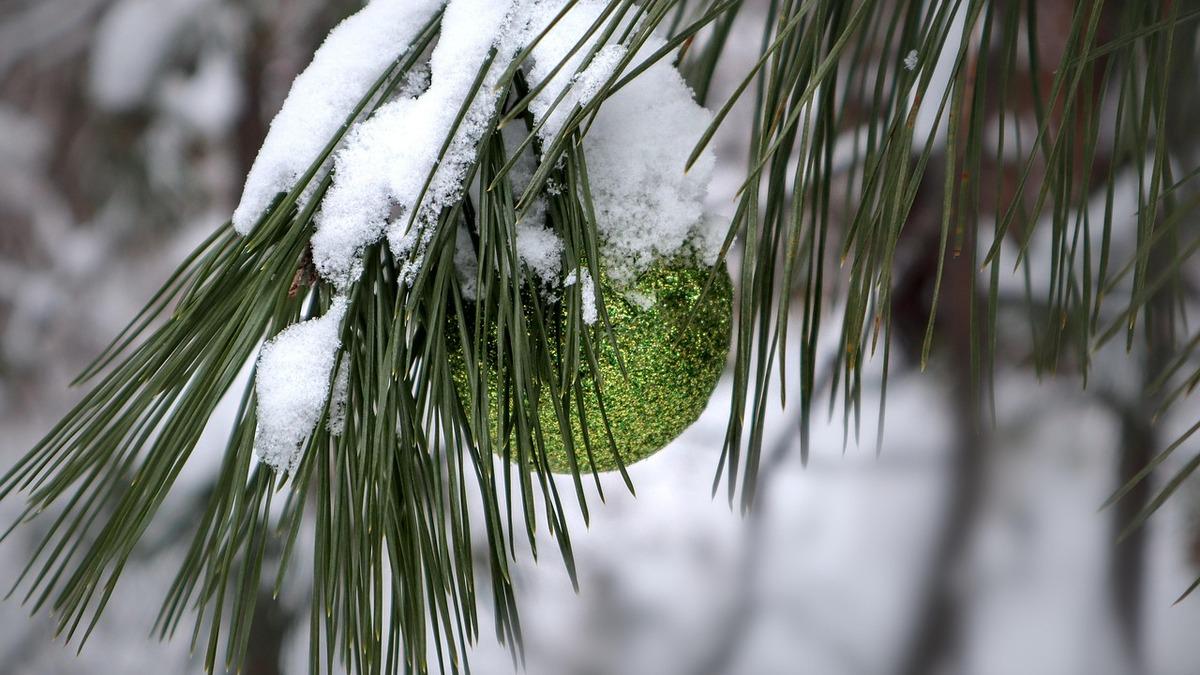 A close-up shows a green, glittery Christmas ornament hanging from a snow-dusted pine branch. The background is a soft, snowy blur.