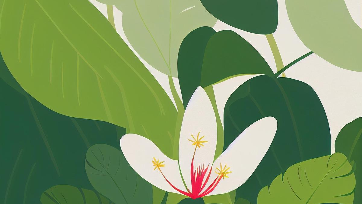 An illustration of a white flower with a red center, surrounded by broad green leaves. The style is simplified with flat colors and bold shapes.