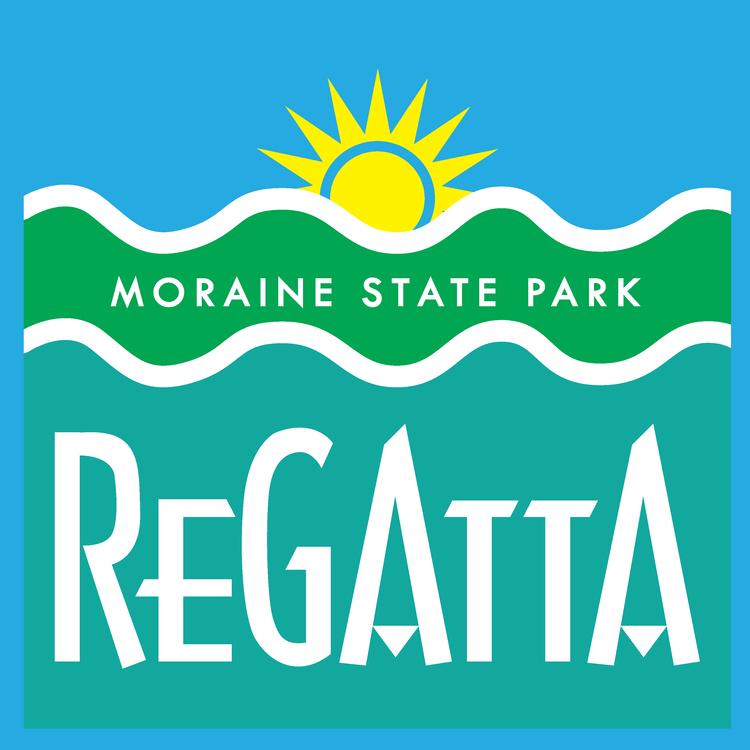 A logo for the Moraine State Park Regatta, featuring a bright yellow sun above stylized green and white waves. The word 