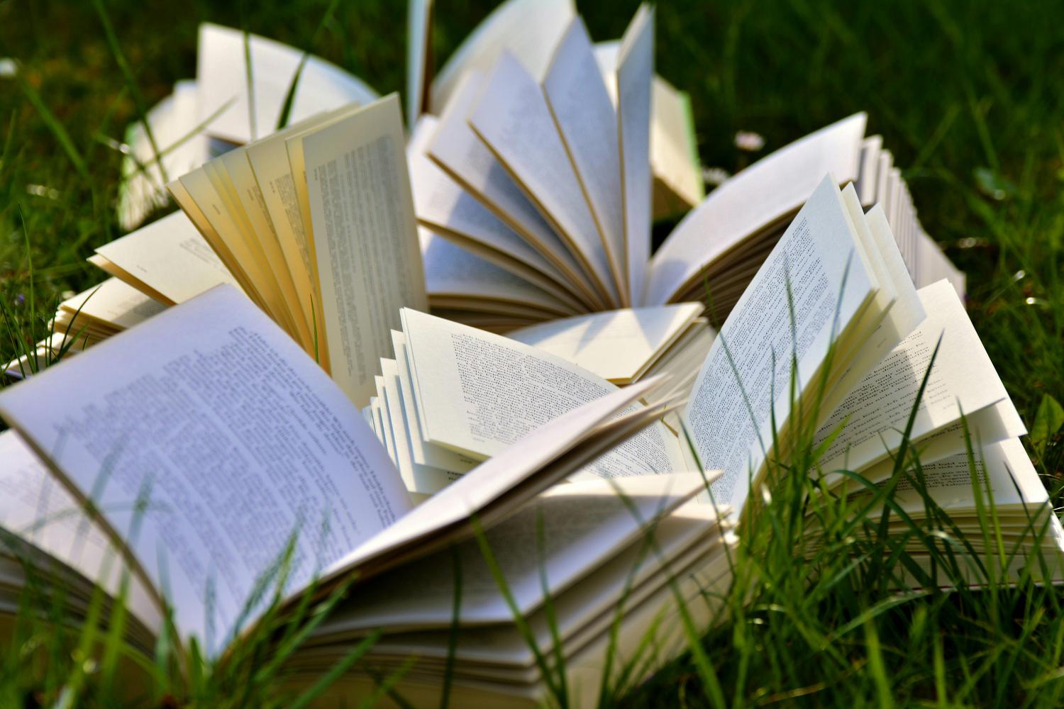 Several open books with visible text lay scattered amongst green grass. The pages of the books fan out, catching the light.