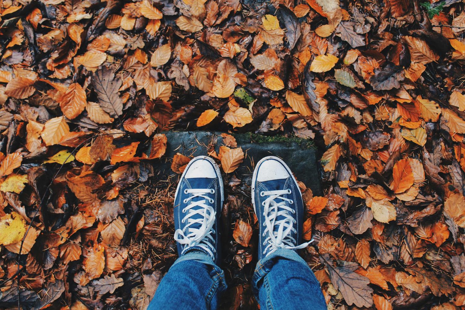 A person wearing blue jeans and blue canvas sneakers stands on a square concrete block, surrounded by a dense layer of colorful autumn leaves. The leaves are primarily shades of brown, orange, and yellow.