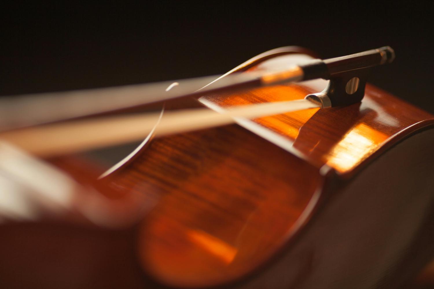 Close-up of a glossy, brown cello body with the tailpiece and strings visible against a dark background.  The varnish finish highlights the wood grain.