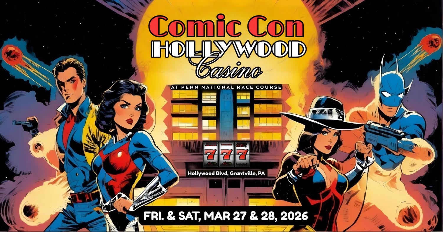 Comic Con Hollywood Casino event poster featuring retro comic book style illustrations of superhero characters with guns, against a backdrop of a casino and the event dates. The poster advertises an event at Penn National Race Course.