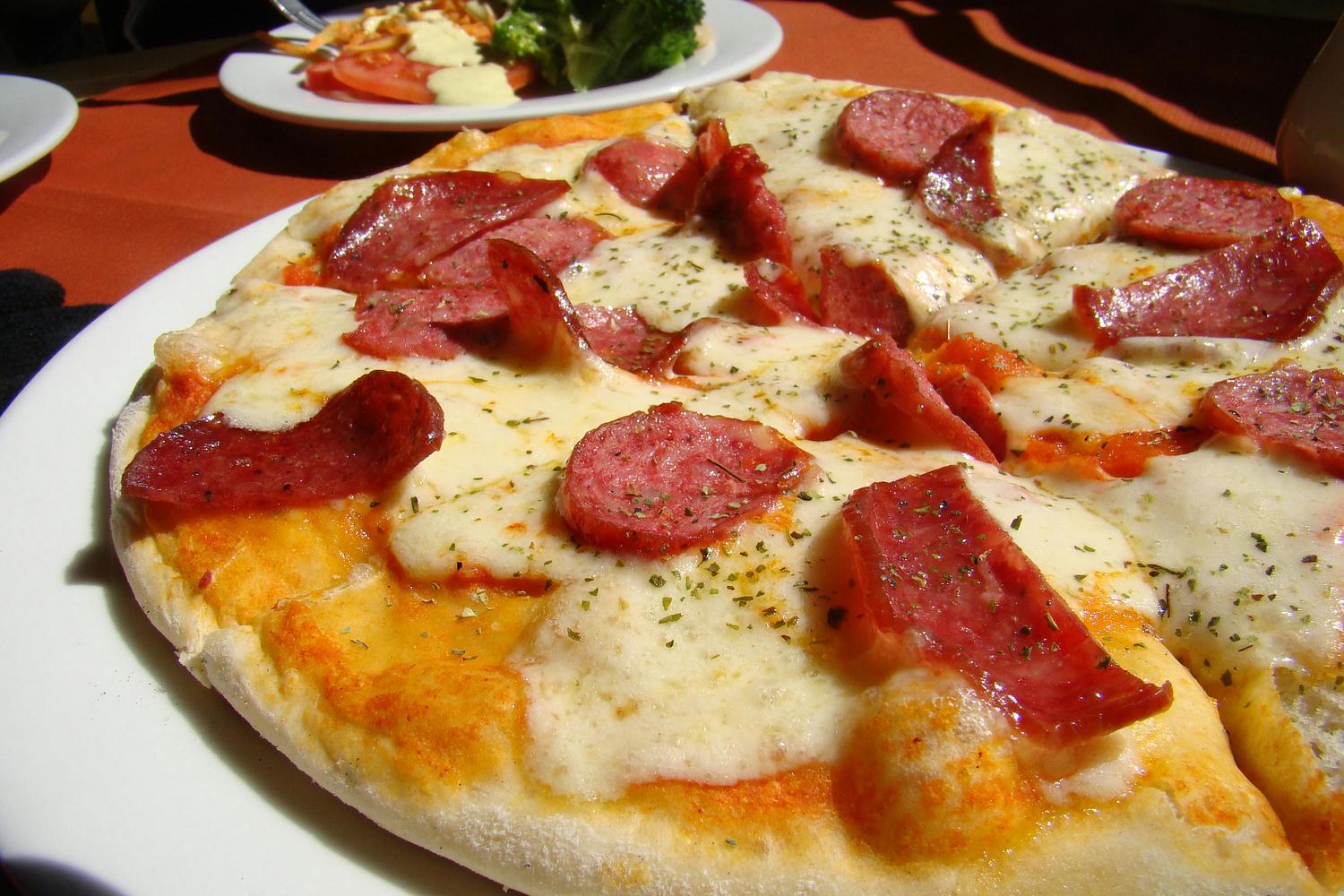 Close-up of a salami pizza with melted mozzarella cheese and herbs on a white plate, with a side salad in the background. The pizza has a slightly browned crust and the salami slices are arranged on top of the melted cheese.
