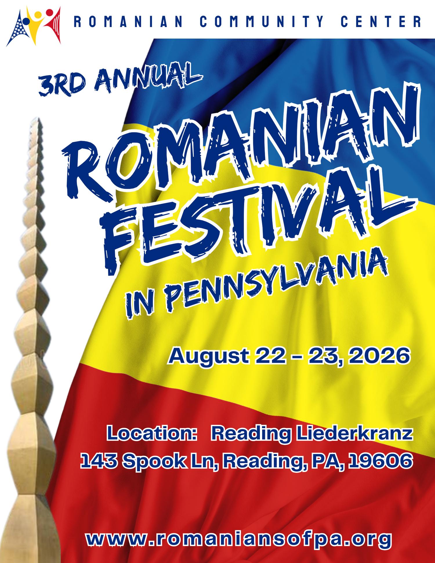 A vibrant poster announces the 3rd Annual Romanian Festival in Pennsylvania, set against a waving Romanian flag with a traditional wooden column on the left. The event takes place on August 22-23, 2026, at Reading Liederkranz.