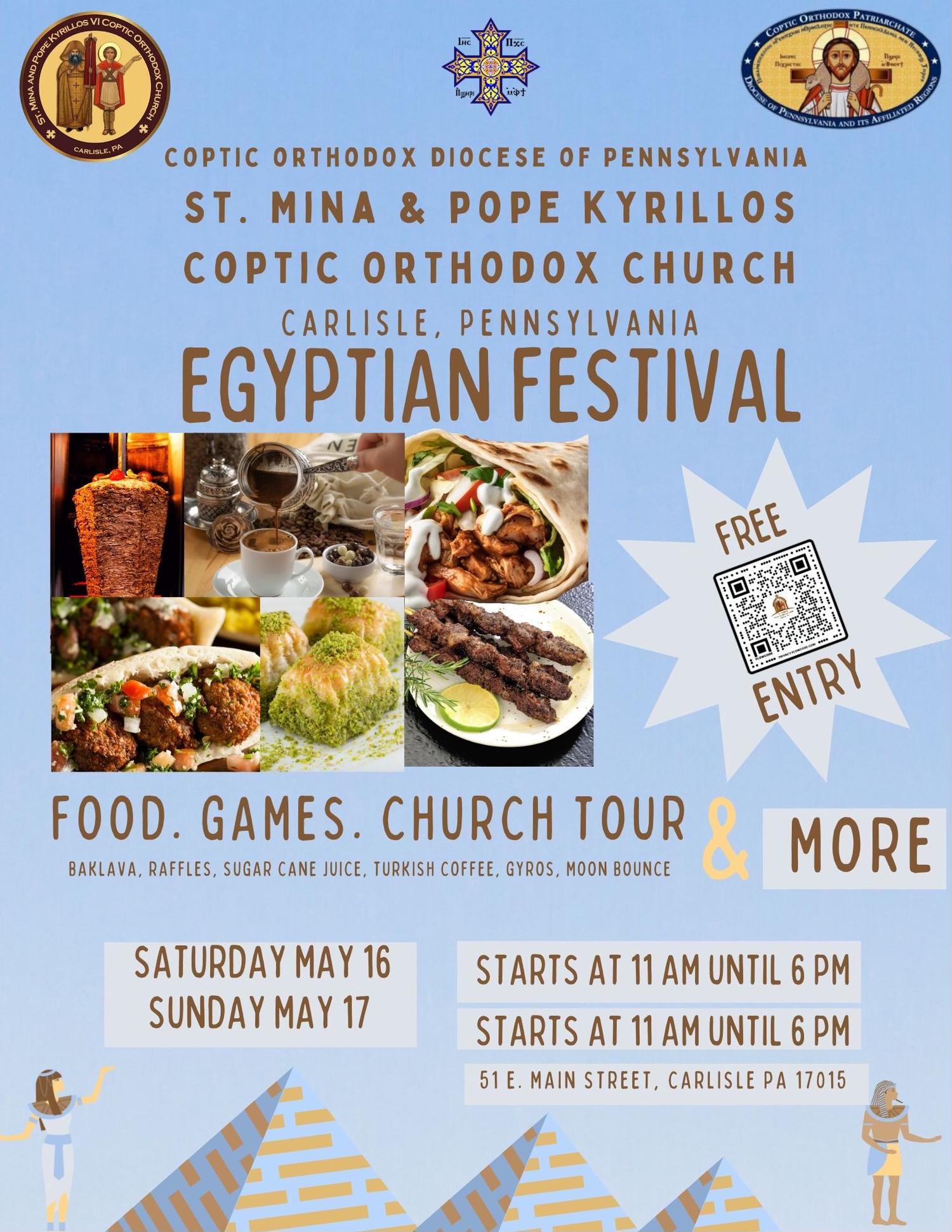 Flyer for an Egyptian Festival featuring a collage of traditional foods like shawarma, baklava, and kebabs, alongside text promoting 