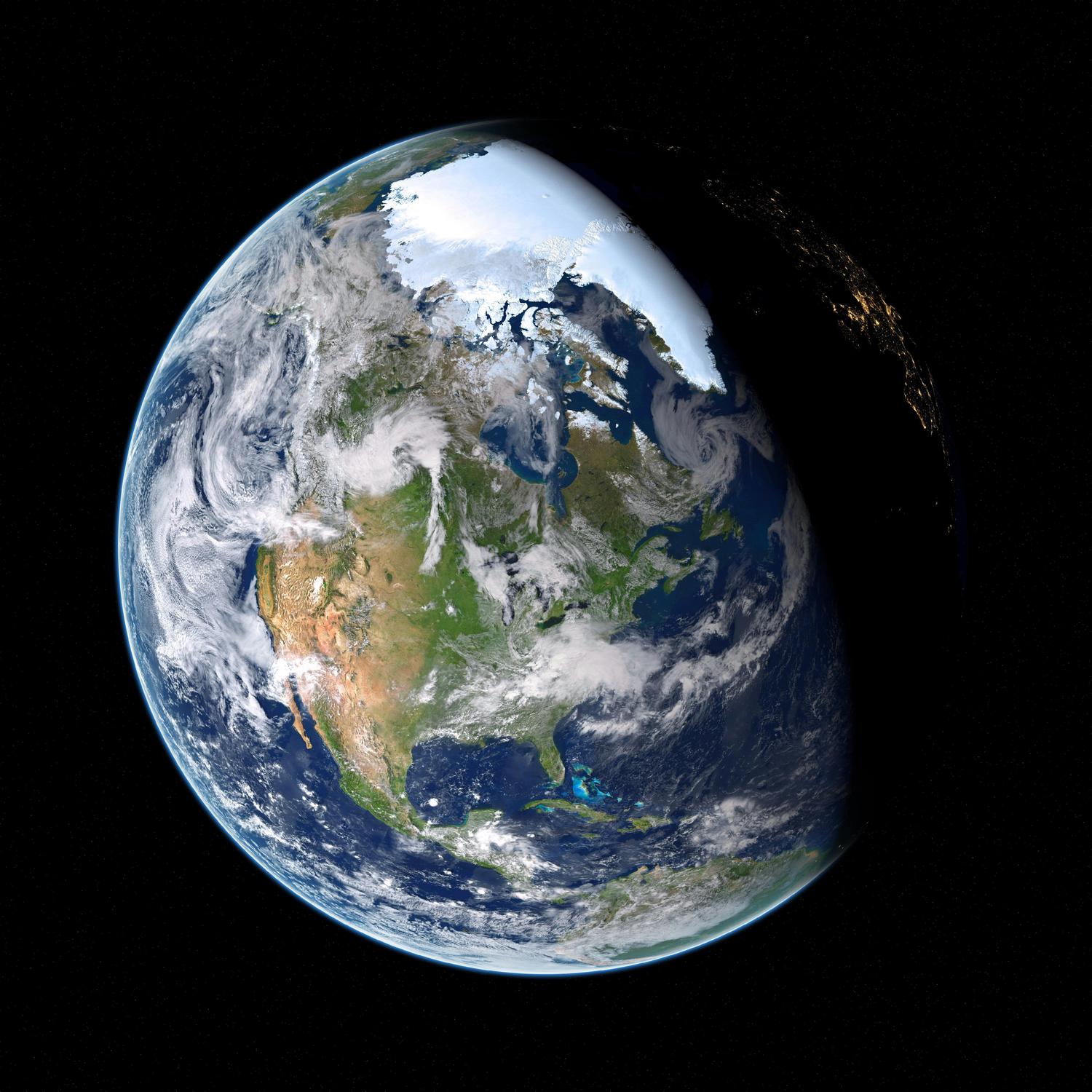 A detailed view of Earth from space, highlighting North America and the Arctic ice cap. The day-night line is clearly visible, with city lights illuminating the dark western coast of the continent.