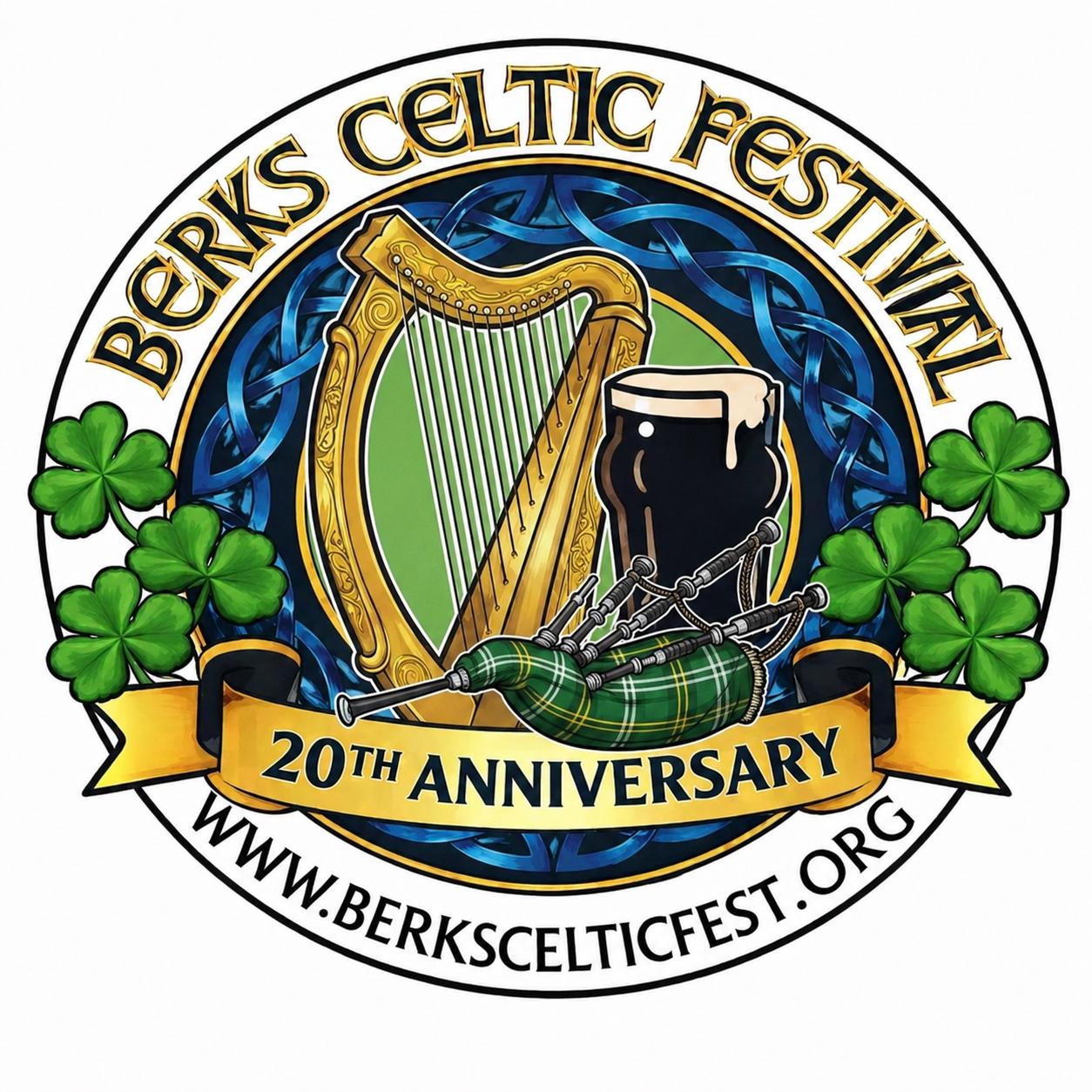 Vibrant logo for the Berks Celtic Festival's 20th Anniversary, featuring a golden harp, a dark beer pint, and tartan bagpipes on a background of blue Celtic knots and green shamrocks.