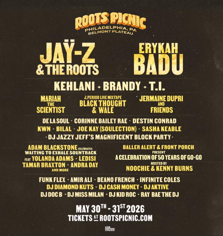 The Roots Picnic 2026 festival lineup poster announces headliners Jay-Z & The Roots and Erykah Badu, performing in Philadelphia on May 30th-31st. Other listed artists include Kehlani, Brandy, and T.I.