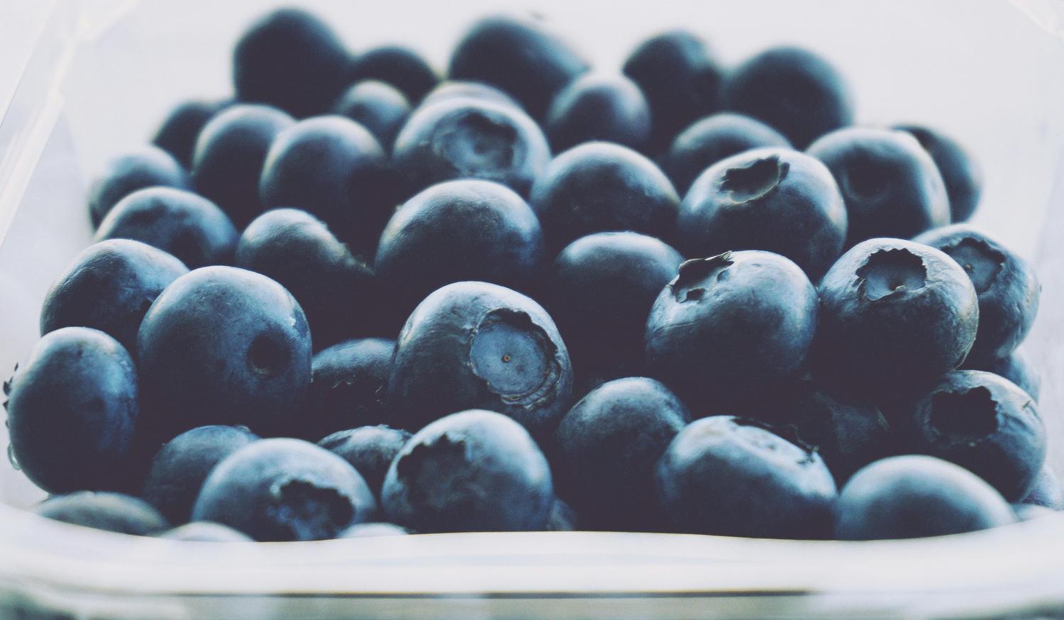 A close-up shows a cluster of dark blue blueberries, many with visible crowns, filling a clear plastic container.