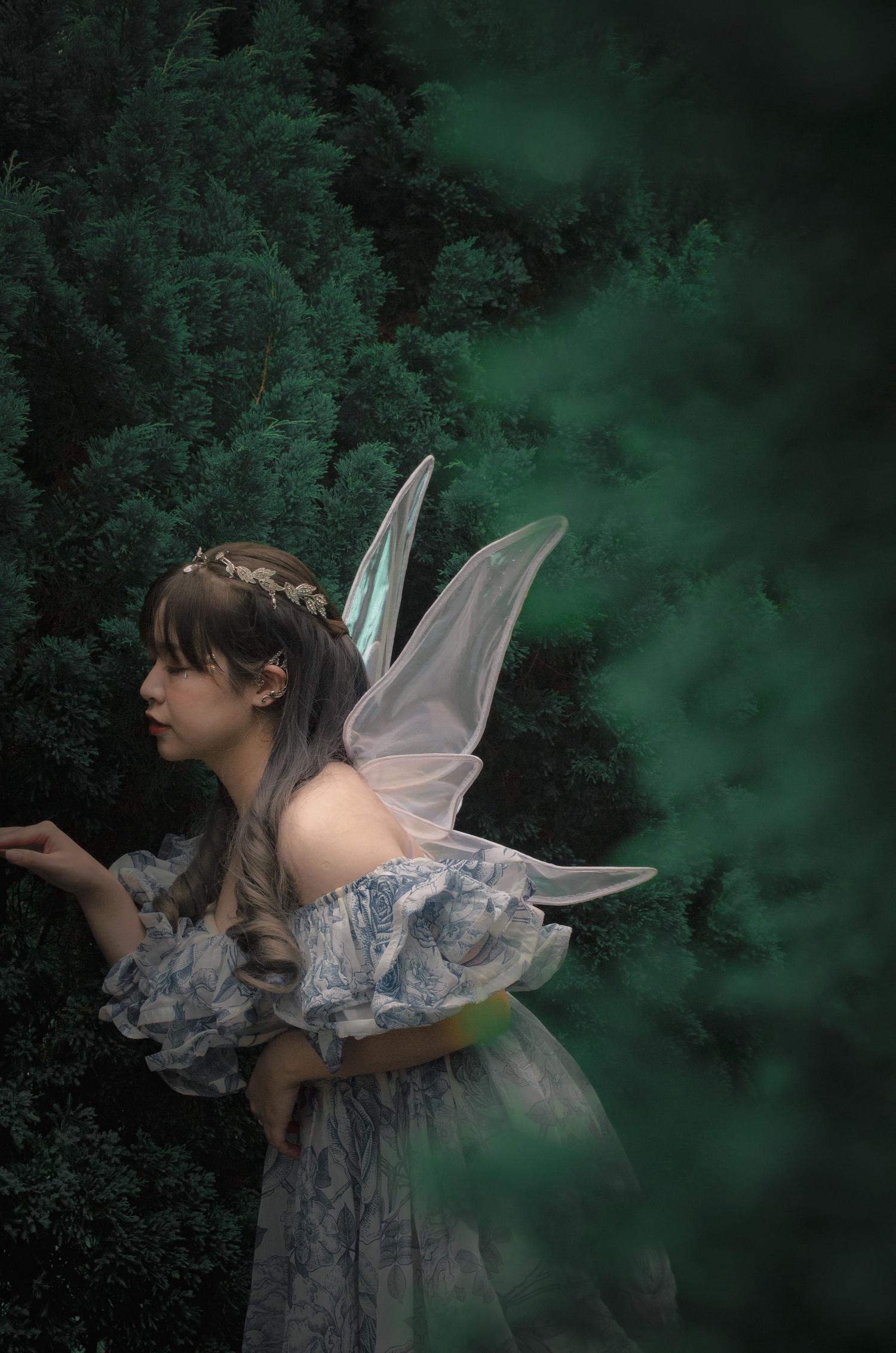 A young woman with translucent fairy wings and a leaf crown stands in a dark green forest, with mystical green mist swirling on the right.