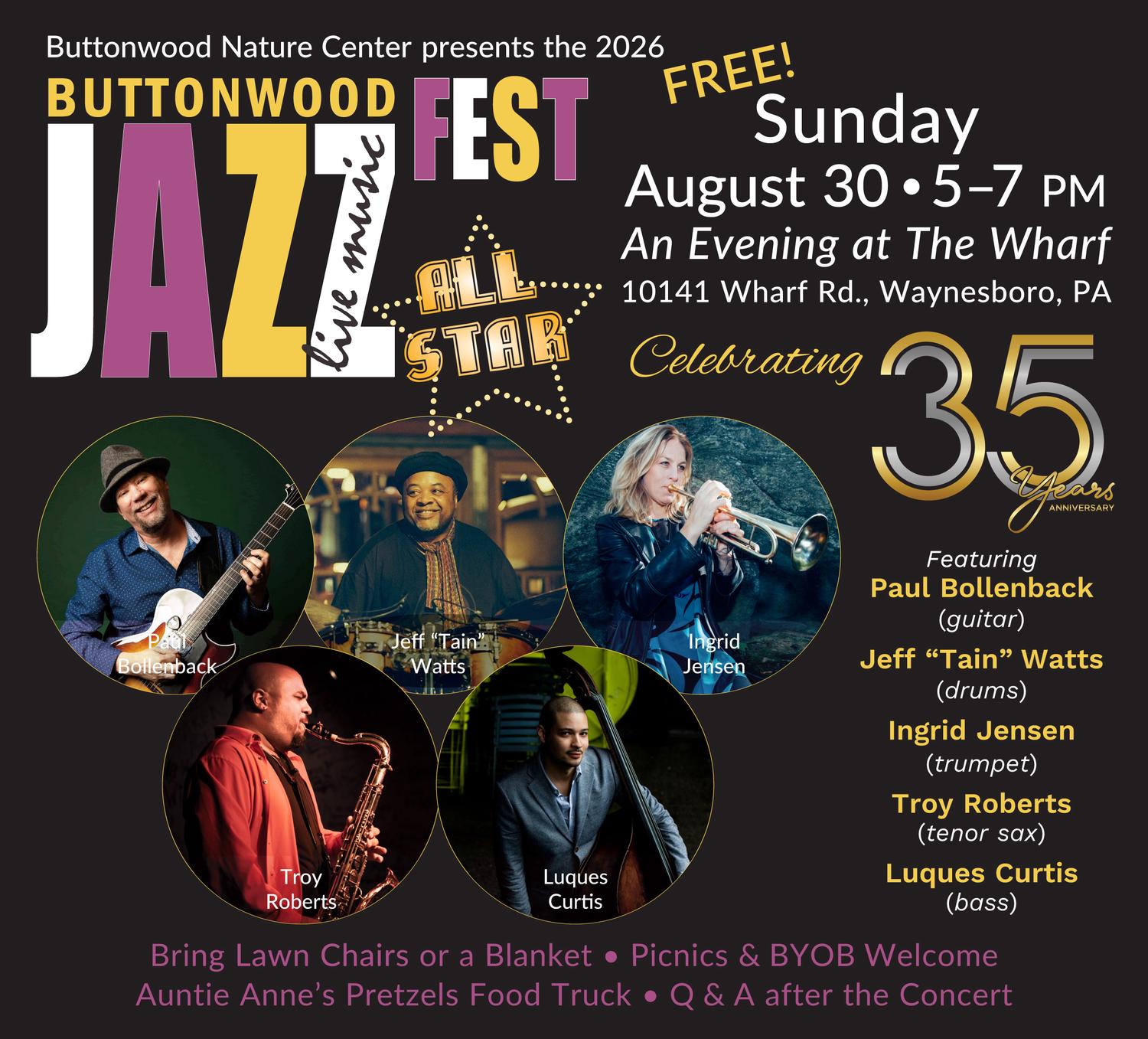 A colorful poster advertises the free Buttonwood Jazz Fest 2026 on Sunday, August 30, 5-7 PM at The Wharf in Waynesboro, PA. It features five jazz musicians: Paul Bollenback (guitar), Jeff 