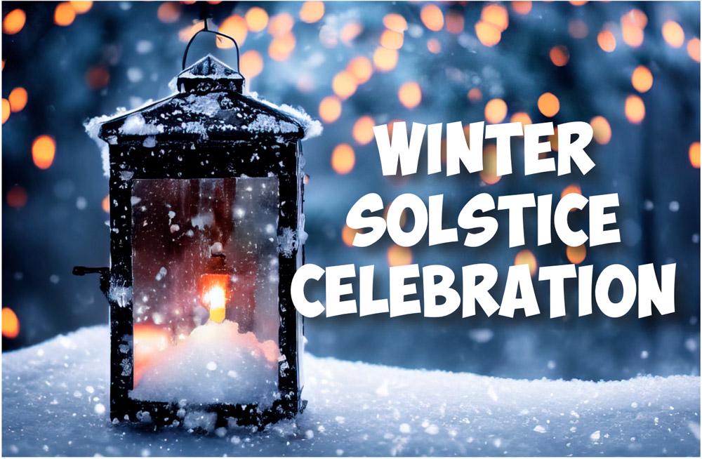 A snow-covered lantern with a glowing candle inside sits in a snowy scene with falling flakes and blurry orange lights in the background. White text overlays the image, reading 