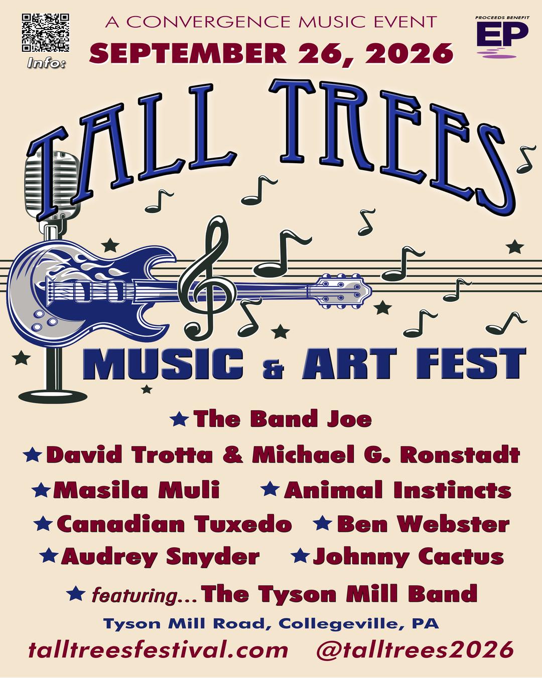 A vibrant poster for the Tall Trees Music & Art Fest on September 26, 2026