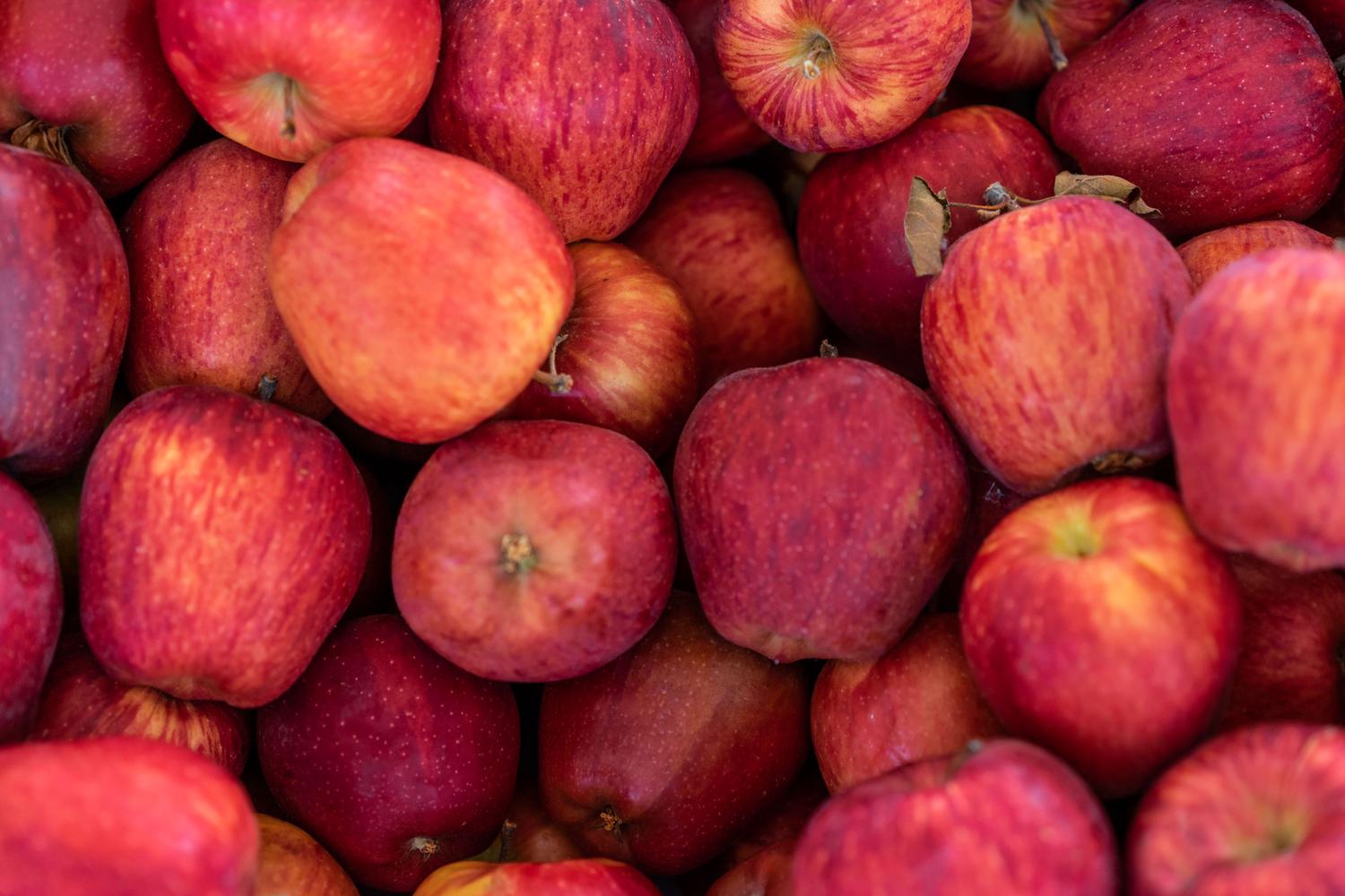 A full frame of vibrant red apples, some with yellow and orange streaks, tightly packed together.