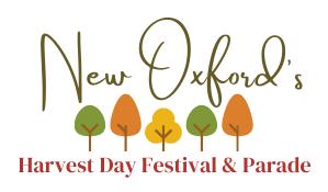 Logo for New Oxford's Harvest Day Festival & Parade, featuring the event name in script and block fonts above five stylized autumn trees.