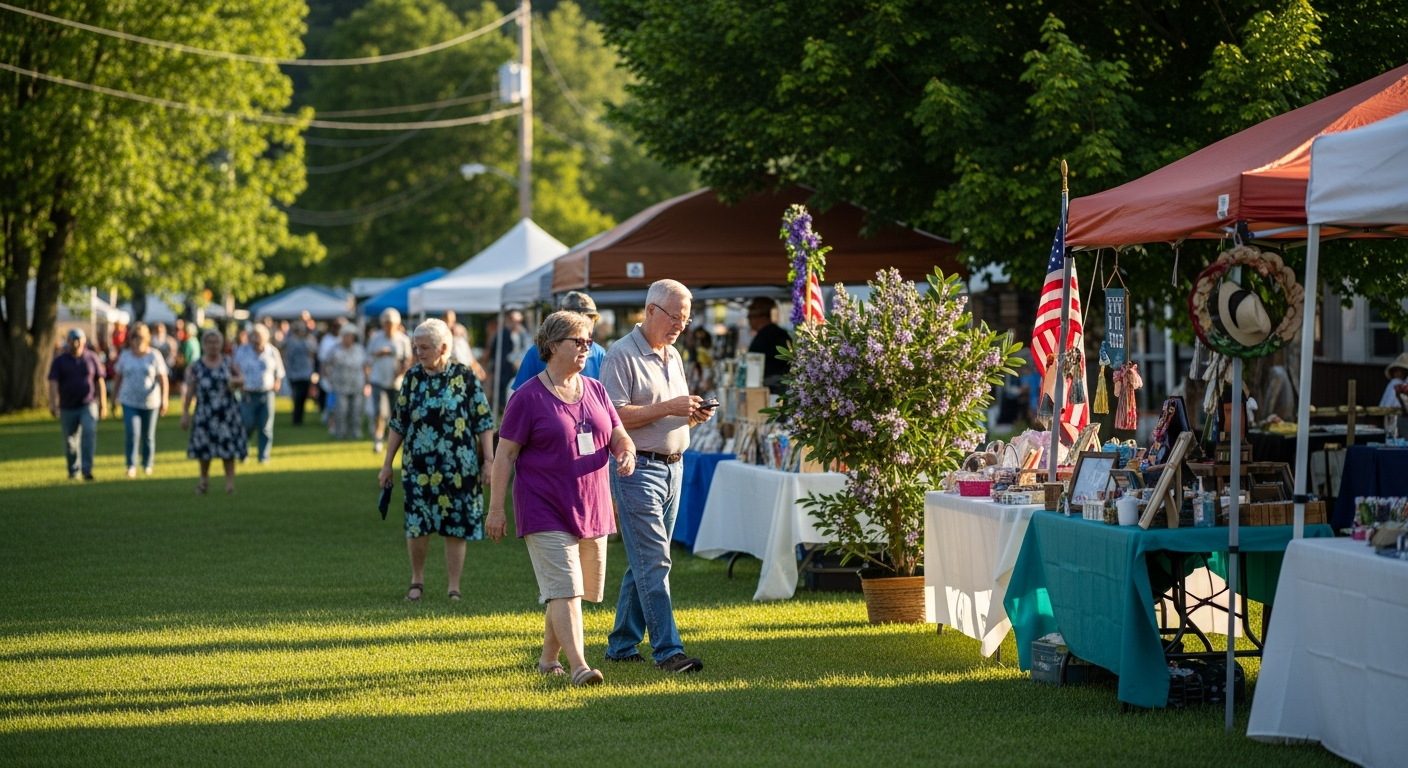 People browse various vendor stalls set up on a sunny grassy lawn, indicative of an outdoor market or festival. Attendees walk among tables displaying crafts and goods, with trees and additional tents in the background.