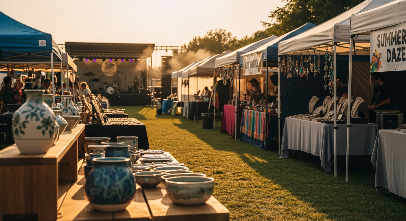 Warm golden hour light illuminates an outdoor market with numerous vendor tents on a grassy field. Pottery and jewelry displays line the foreground, with a music stage visible in the distance.