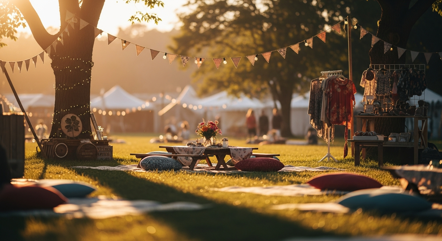 A festive outdoor market or festival bathed in warm golden light, featuring bunting flags and string lights strung between trees. In the foreground, there's a picnic table with a flower bouquet and cushions on the grass, alongside clothing racks and market stalls.