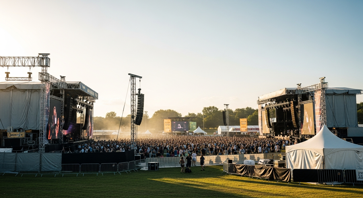 A large outdoor music festival at sunset, with two massive stages displaying performers on screens and a huge crowd gathered in the field between them.
