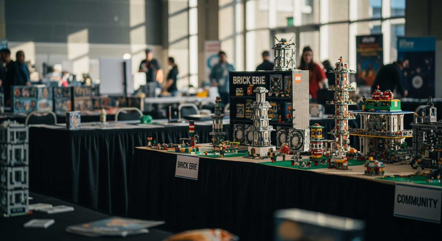 Detailed Lego models of buildings and scenes are displayed on tables at a brightly lit convention, with signs like 