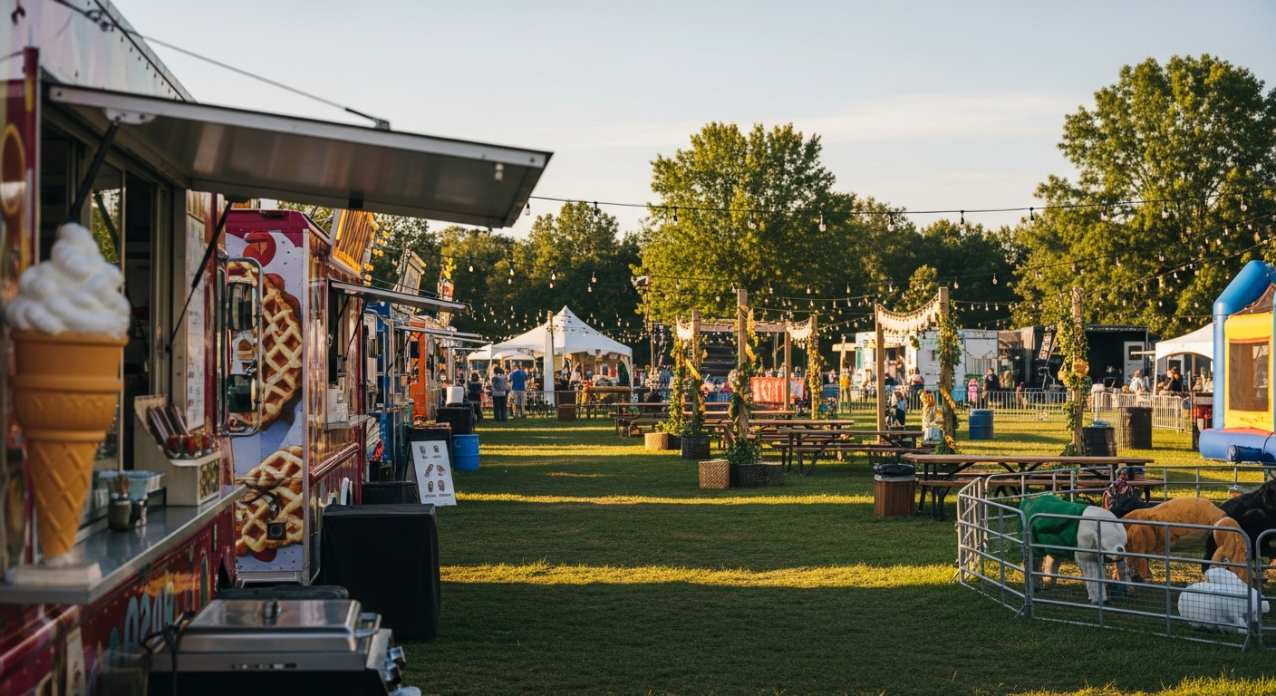 An outdoor festival features a row of food trucks on a grassy field, with string lights strung between trees overhead. People gather around picnic tables and tents, with a bouncy house and a small animal enclosure visible on the right.