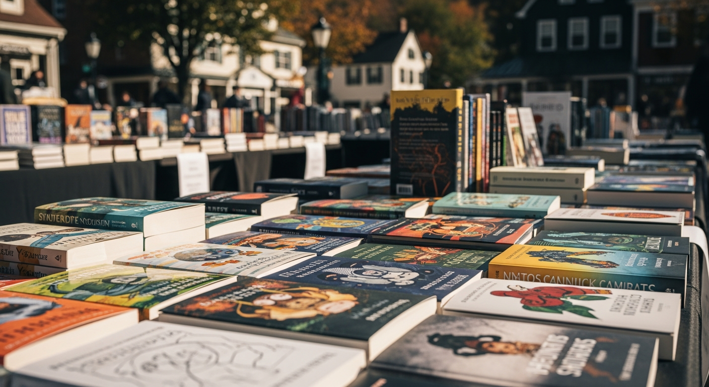 Colorful books with varied covers are laid out on tables at an outdoor book market. Historic buildings and autumn trees are visible in the blurred background.