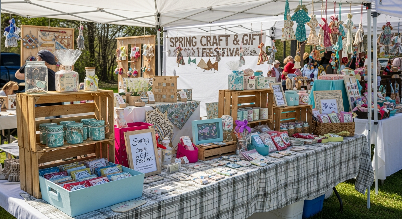 A sunny outdoor Spring Craft & Gift Festival booth features tables laden with handmade items like patterned jars, decorative accessories, and gift sets, all displayed under a white tent. A sign above reads 