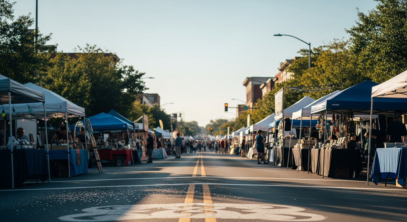 A lively street market stretches down an urban street, lined with white and blue vendor tents on both sides. People browse goods and walk along the sunlit street.
