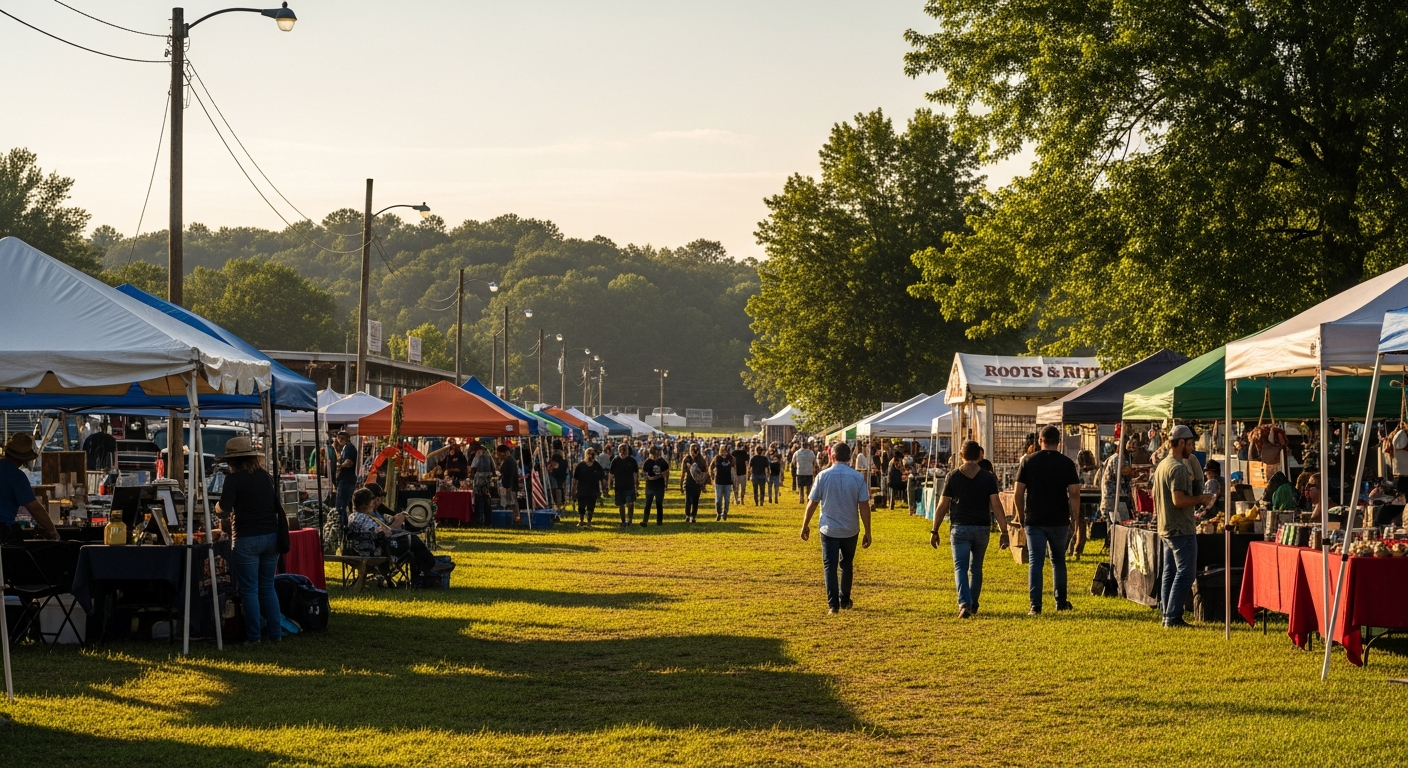 A lively outdoor market features rows of colorful vendor tents with many people walking along a grassy path. Golden hour sunlight casts long shadows across the field, highlighting the bustling activity of the fair.
