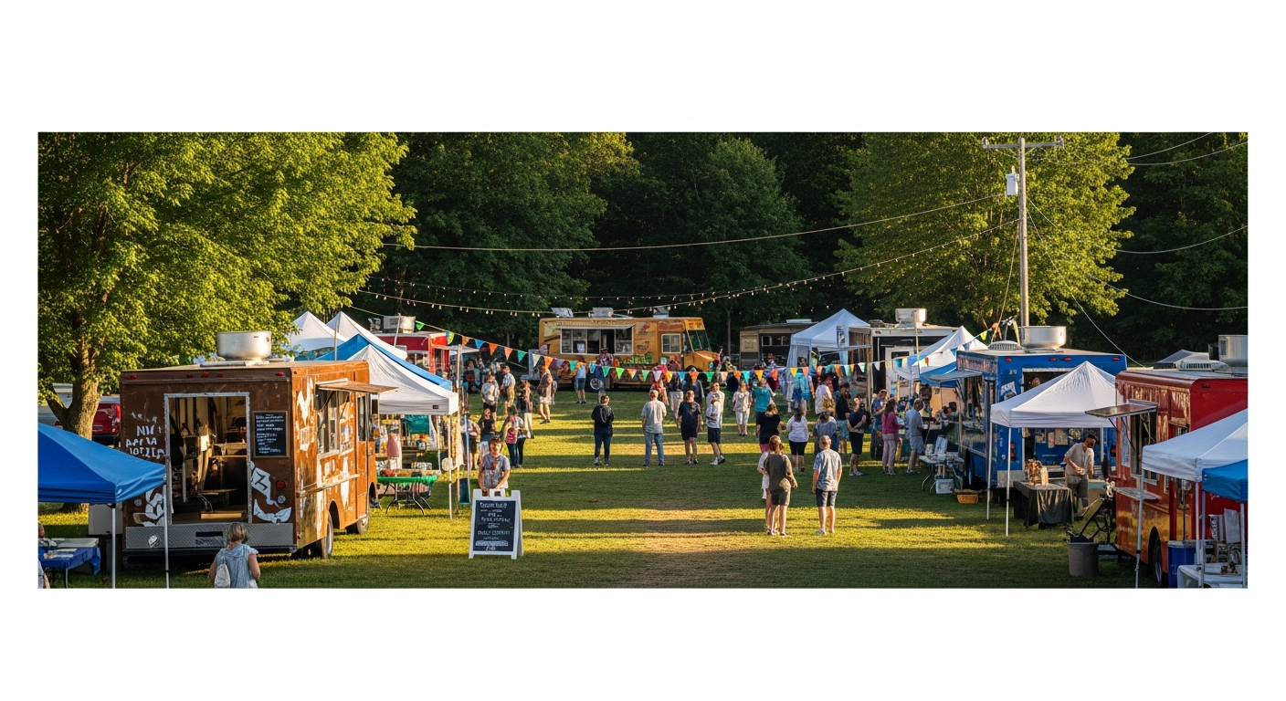 A lively outdoor food festival features numerous food trucks and vendor tents arranged on a grassy field, with many people strolling and gathering under festive string lights.