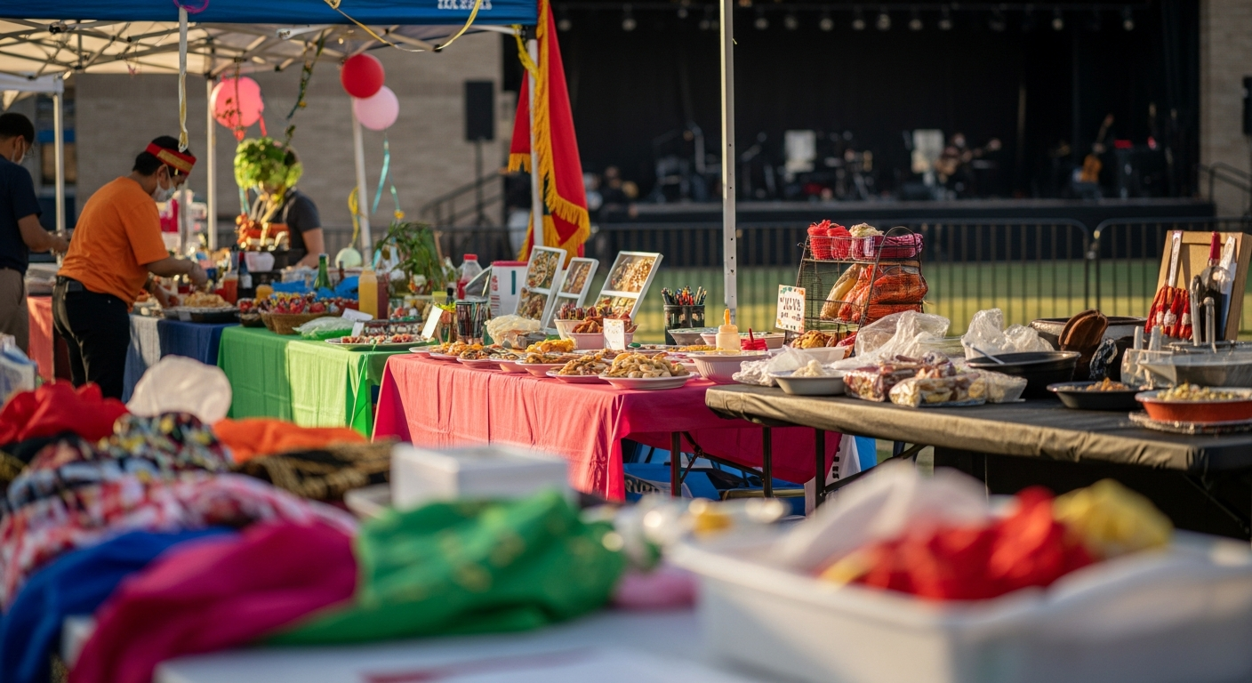 Tables laden with diverse food, including pastries and packaged goods, fill an outdoor market under a tent. In the background, a stage is set up for a performance, hinting at a lively festival.