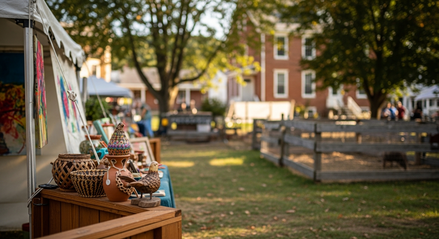 A craft stall displays woven baskets, a clay pot, and a wooden bird figurine in the foreground, with colorful paintings hanging behind them. Beyond, a grassy field, historic brick buildings, and a wooden fence suggest an outdoor market or festival.