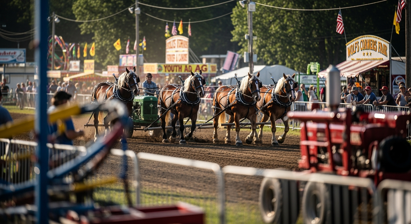 Five harnessed draft horses pull a green cart with a driver along a dirt track. In the background, fairgoers watch from behind a fence with tents and signs for 