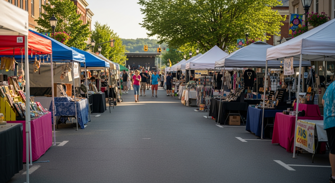 Rows of colorful vendor tents line a paved street filled with people browsing various goods. In the background, trees, historic buildings, and a performance stage indicate a lively outdoor festival.