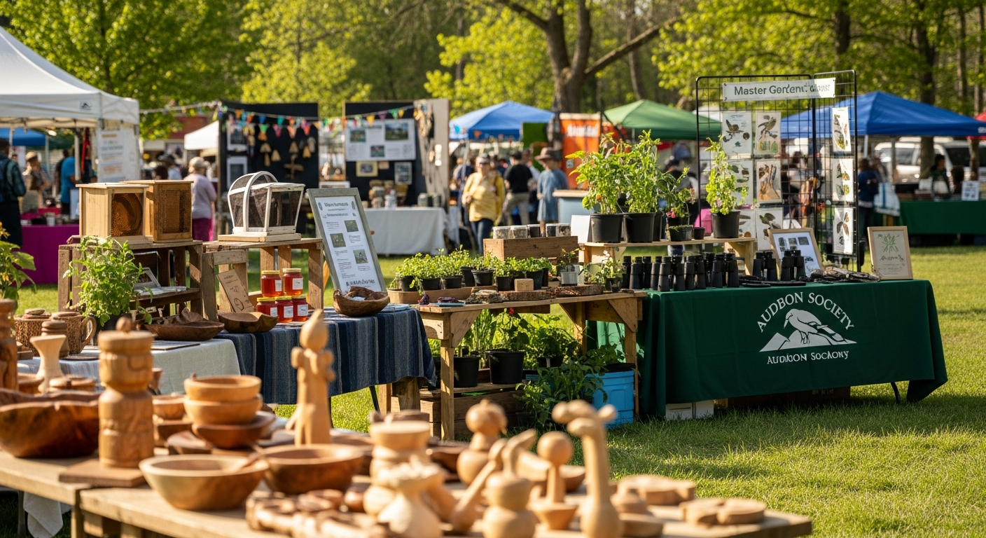 An outdoor market features vendor tables laden with wooden crafts, bee products like honey and hive boxes, and potted plants. The Audubon Society booth, displaying binoculars and bird artwork, is prominently featured alongside other tents and browsing visitors.