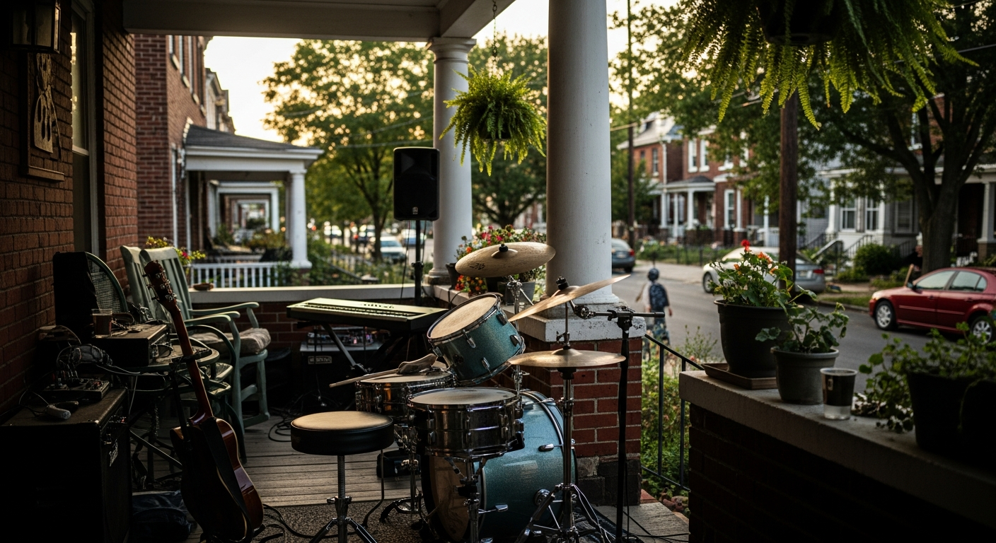 A full drum kit, acoustic guitar, and keyboard are arranged on a residential porch, adorned with hanging ferns and potted plants. Beyond the white pillars, a tree-lined street with houses and a child walking glows in the late afternoon sun.