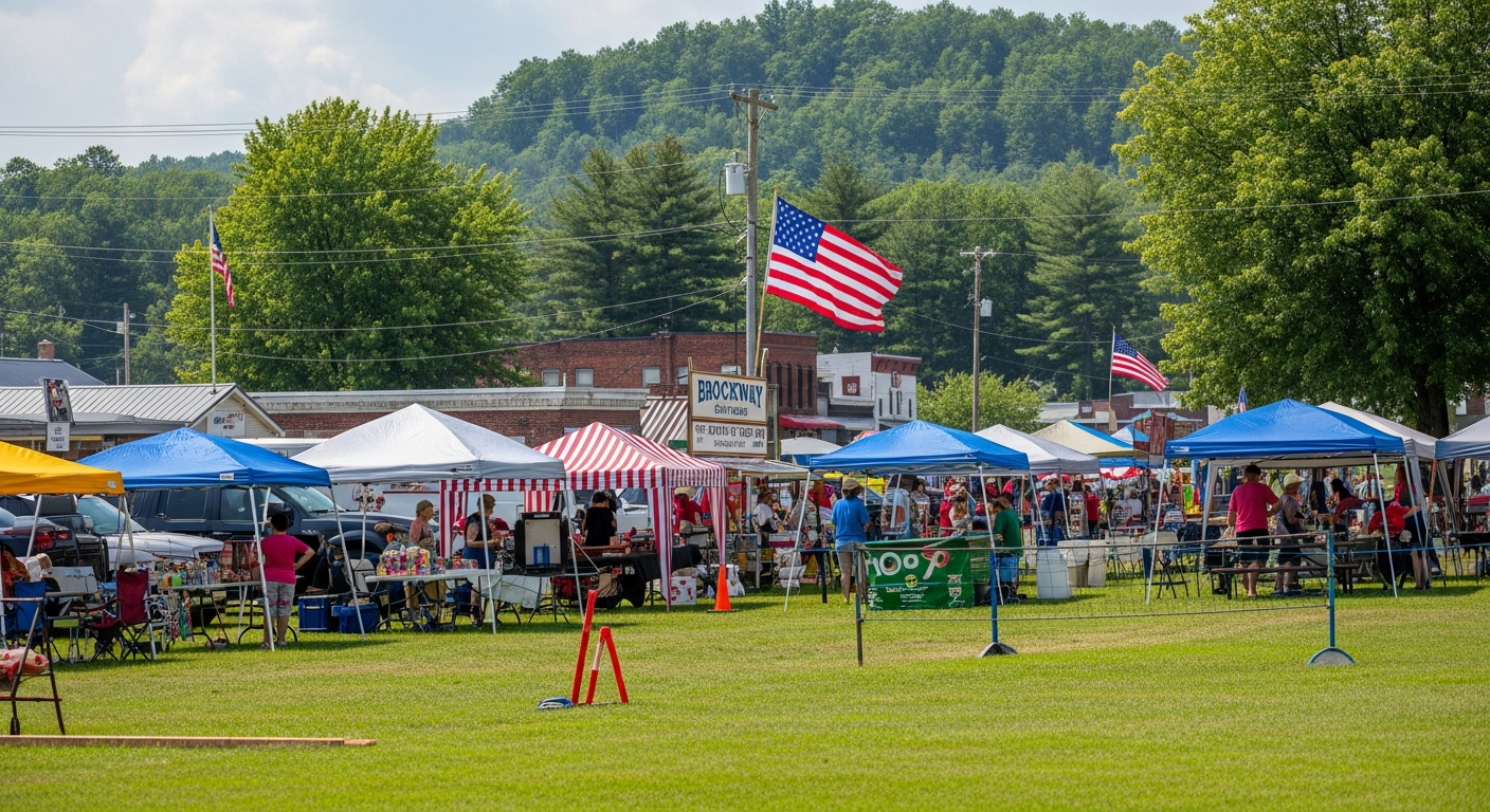 A lively outdoor community event features many colorful vendor tents on a green lawn, with people mingling, American flags waving, and small-town buildings backed by wooded hills.