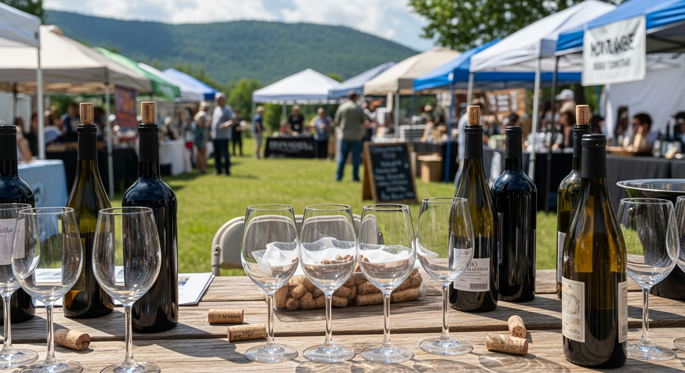 On a wooden table, several wine bottles, empty glasses, and scattered corks are set up for a tasting. An outdoor wine festival with vendor tents, people, and green mountains in the background suggests a lively event.