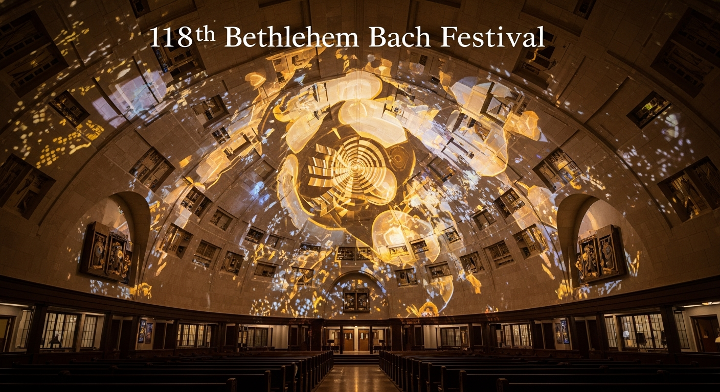 A grand hall with a domed ceiling features golden-orange abstract light projections above rows of dark pews, advertising the 