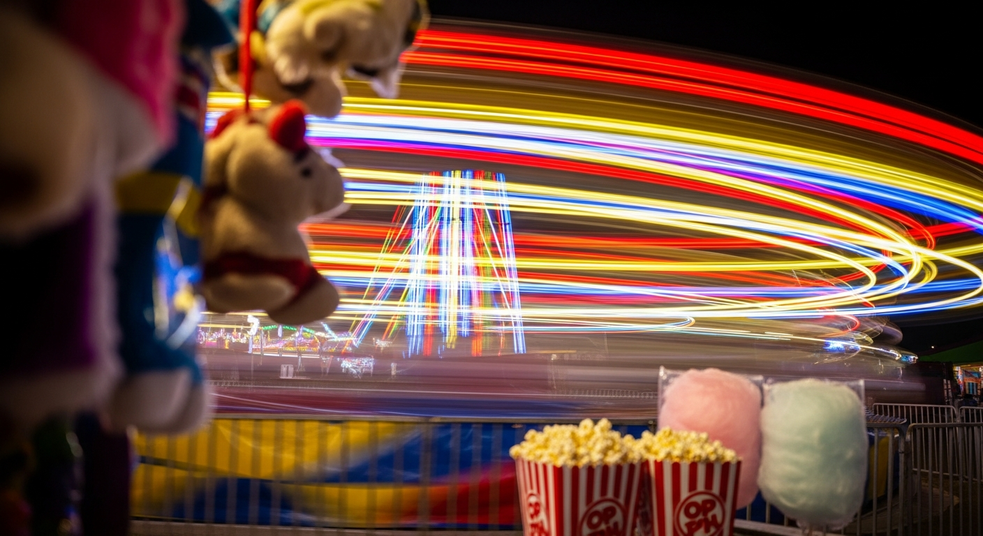 A vibrant nighttime carnival scene features blurred stuffed animal prizes, popcorn, and cotton candy in the foreground. Behind them, long exposure captures streaks of bright red, yellow, and blue light from spinning rides.
