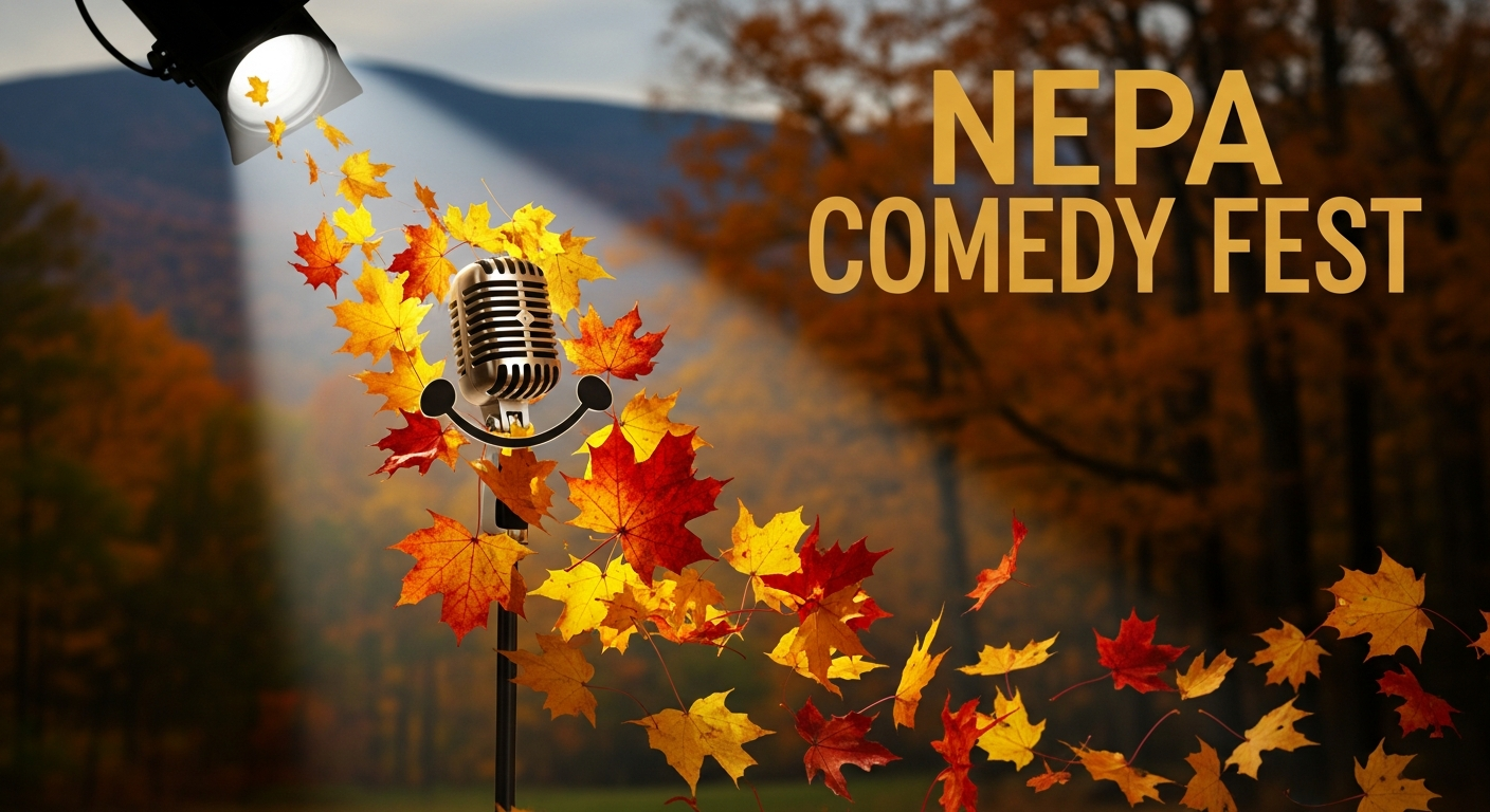 A vintage microphone surrounded by swirling red and orange autumn leaves is spotlighted against a blurred forest backdrop, advertising 