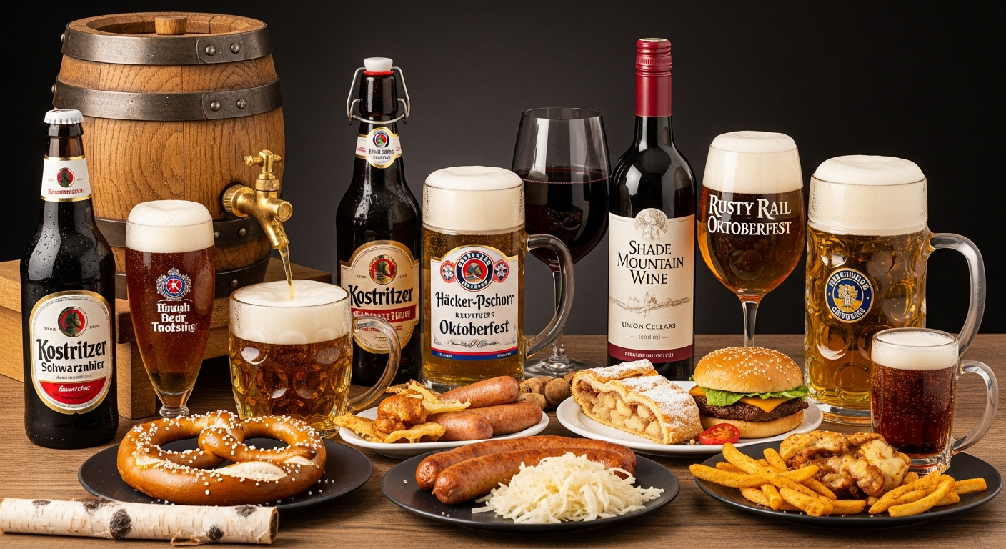 A lively Oktoberfest spread featuring multiple frothy beers in mugs and bottles, some pouring from a wooden barrel, alongside traditional foods like a pretzel, sausages with sauerkraut, apple strudel, and a burger with fries.