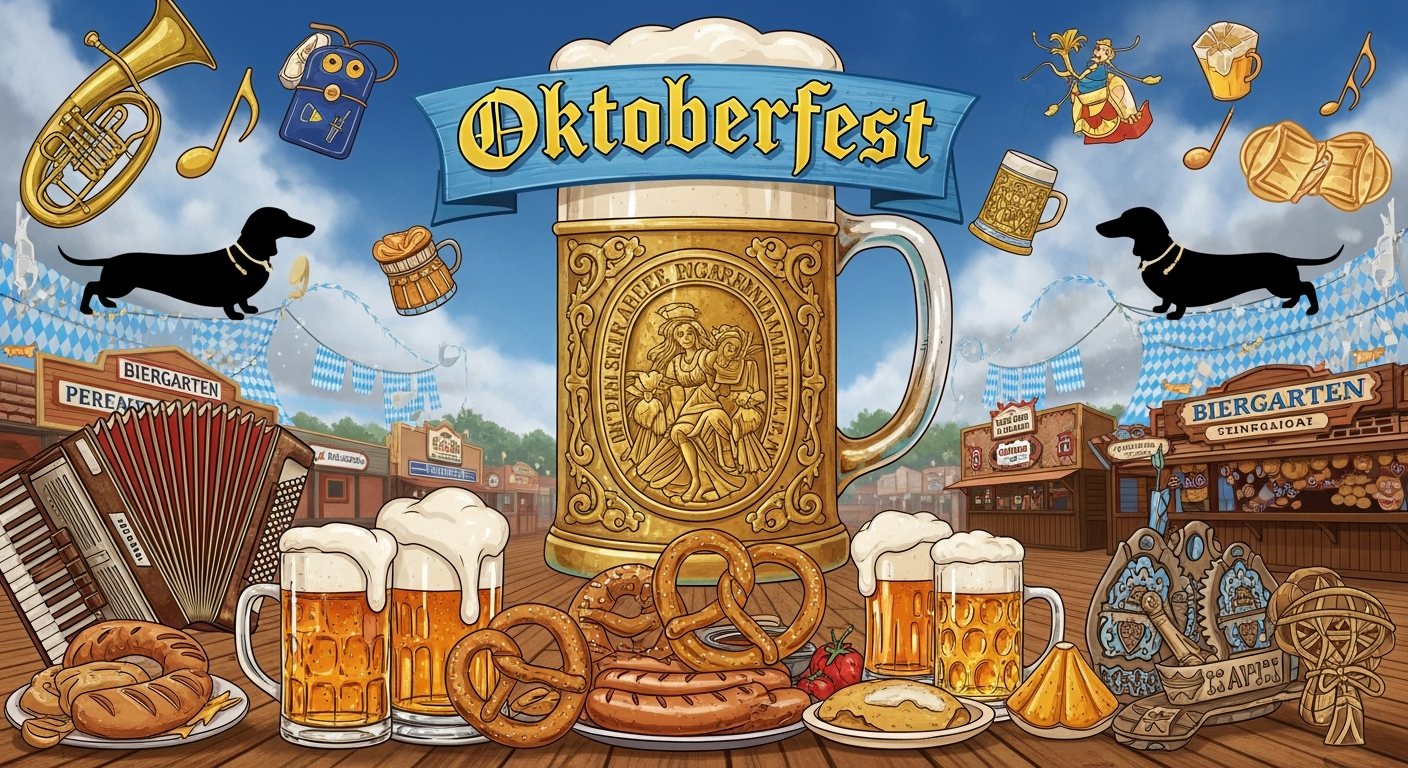 A vibrant Oktoberfest illustration centers around a large, ornate beer stein labeled 