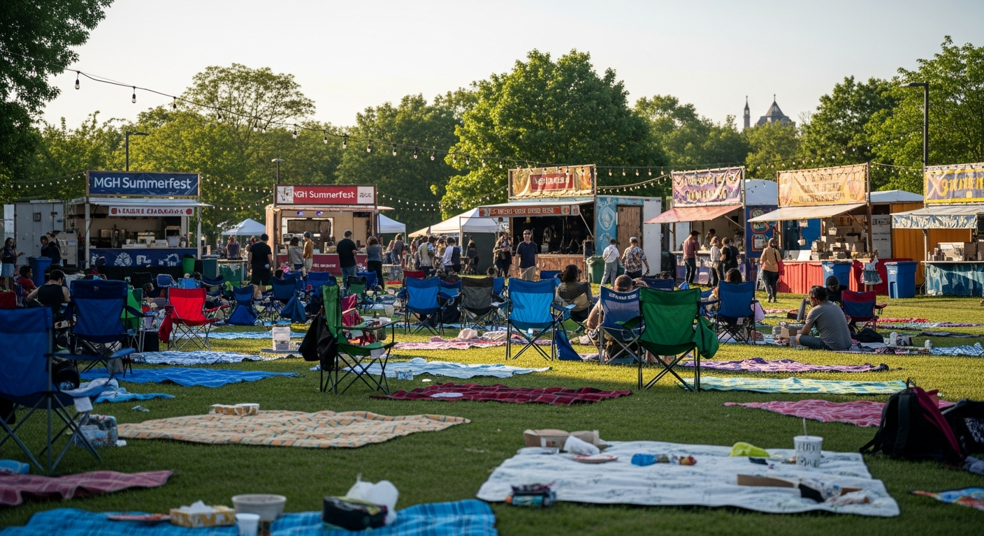 A table is laden with various foods including tacos, hot dogs, fruit skewers, cotton candy, ice cream cones, and pastries. In the blurred background, a bouncy castle and a person playing a guitar indicate a lively outdoor festival at sunset.