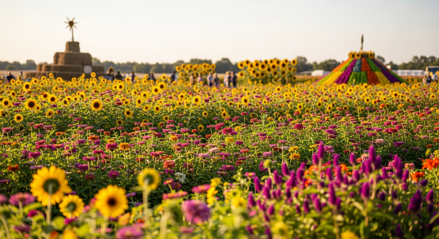 A six-part collage displays various scenes from a farm: potted sunflowers and zinnias, swings in a sunflower field, a maze of sunflowers with a hay bale, a vintage tractor pulling a wagon of flowers past a barn, and a platter of corn kernels on hay labeled 